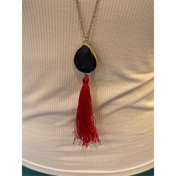 Anthropologie Blue Stone with Gold Chain and Red Tassel Necklace - Picture 5 of 5